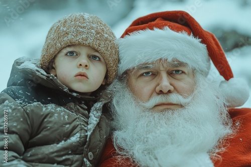 Yuletide advertising conceptual art image for media and online networks use. Jolly christmas, Ñute child boy upset with santa claus. Festive lights advertising. Santa claus joy child. photo