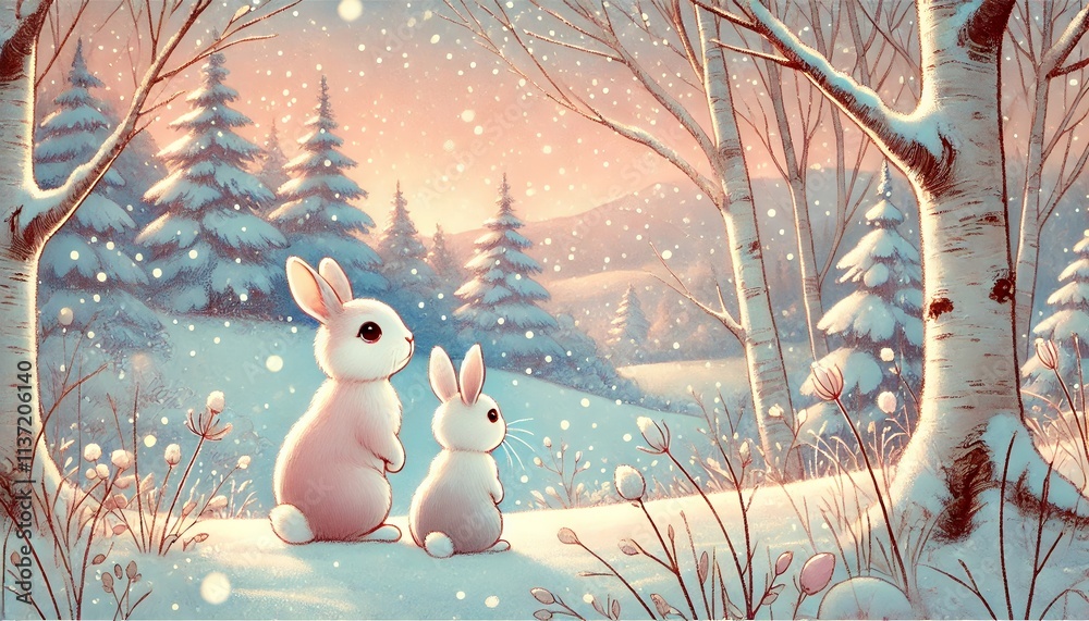Obraz premium A Heartwarming Late Winter Landscape Featuring Two Rabbits in a Cozy Pastel Setting
