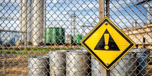 Hazardous waste sign on chain link fence with oil barrels in background, hazardous waste, sign, chain link fence photo