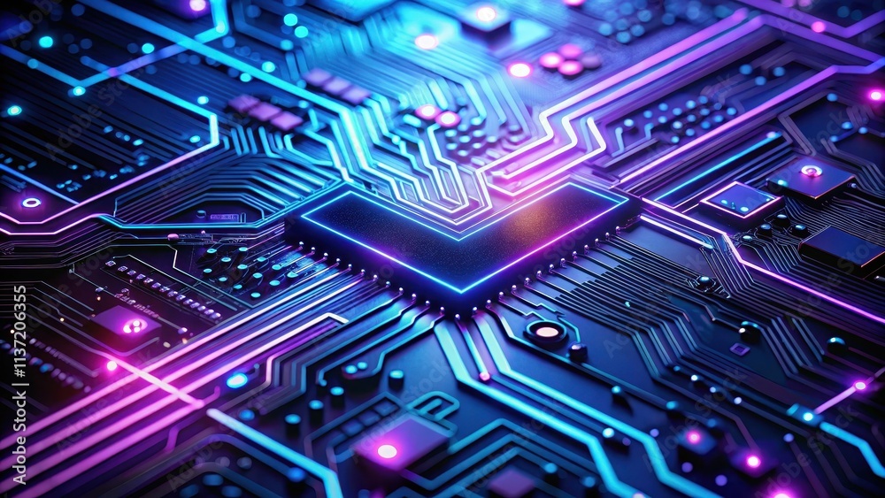 Close-up of futuristic electronic circuit board with glowing purple and blue elements on dark background , technology Close-up of futuristic electronic circuit board with glowing purple and blue elements on dark background , technology
