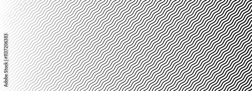 Wavy line geometric gradient pattern. Fading wave halftone gradation. Black and white curved stripe texture wallpaper. Thin to thick strike background for overlay, print, cover, graphic design. Vector