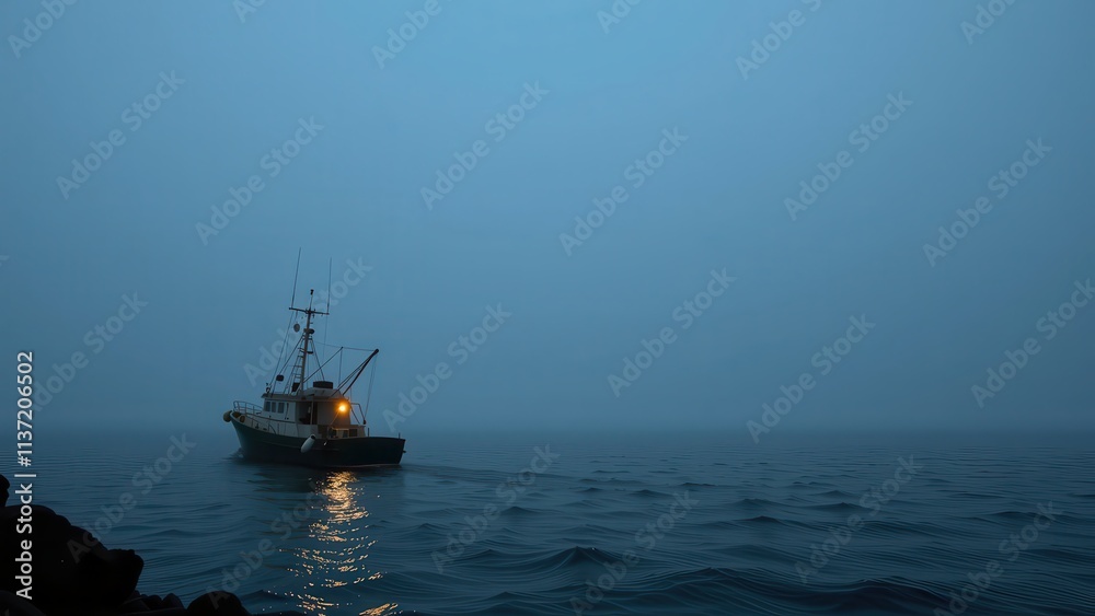 shows a ship sailing through dark, stormy waters. the vessel is lit up with bright lights and has a distinctive shape. it appears to be navigating through heavy rain or fog, making for a dramatic