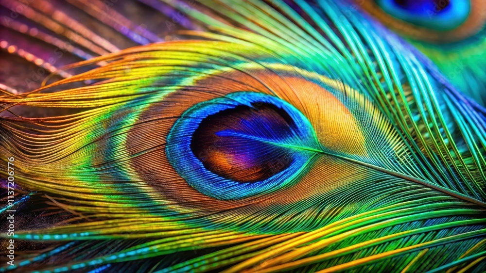 Obraz premium Close up of a vibrant and colorful peacock feather, peacock, feather, close up, peafowl, bird, colorful, wallpaper