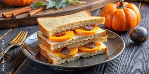 Halloween-themed monster sandwich with sliced sausage, eggs, and cheese on a plate , Halloween, monster sandwich, sliced sausage photo