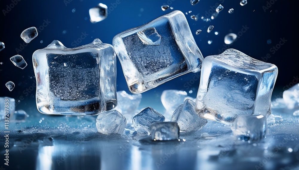 Ice Cubes On Blue Background - Ice Cubes In Air Ice Cubes On Blue Background - Ice Cubes In Air