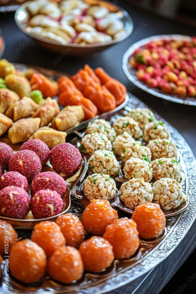 Assortment of Indian Sweets on a Silver Platter Assortment of Indian Sweets on a Silver Platter