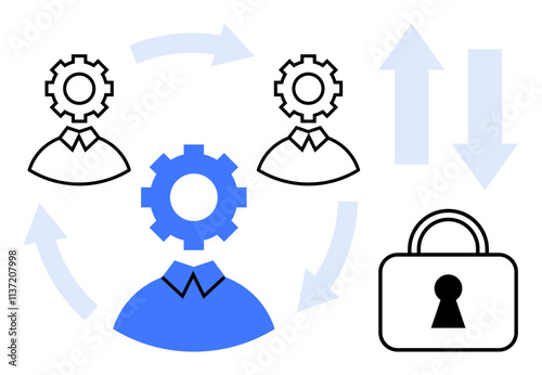 Three people with gear heads representing teamwork and data flow, accompanied by a padlock symbolizing data security. Ideal for business, teamwork, data management, cybersecurity, network security