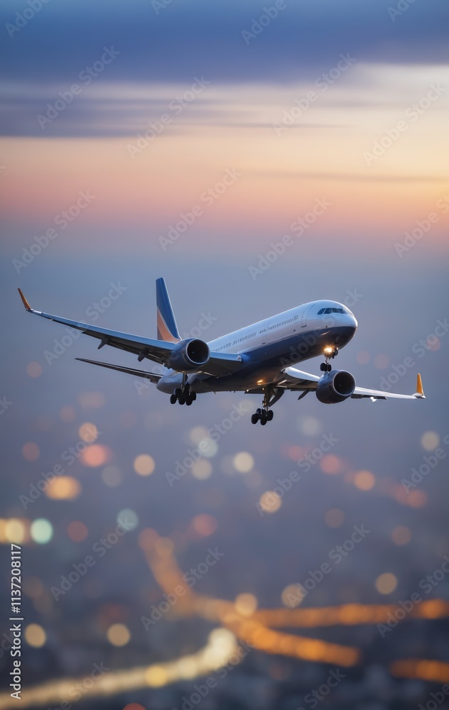 Airplane In Flight At Twilight With Blurred Cityscape Airplane In Flight At Twilight With Blurred Cityscape