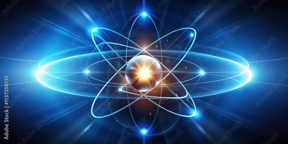 Obraz premium Unstable atom nucleus with electrons spinning around it in technology background, atom, nucleus, electrons, unstable
