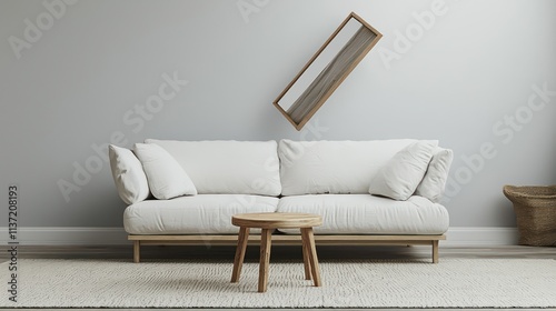 Simple and stylish living room with a white compact couch, wooden stool table, and a mockup poster frame tilted for striking visual appeal.