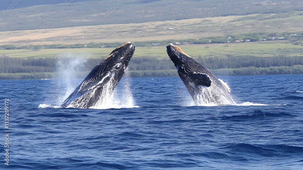 Fototapeta premium Two Humpback Whales Breaching Simultaneously In Ocean