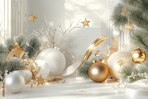 A modern holiday design with an abstract arrangement of shiny gold and white decorations