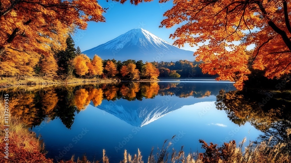 Naklejka premium Majestic Mount Fuji Reflected in Autumnal Lake