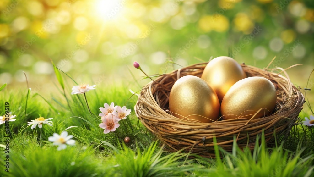 Golden eggs in a nest surrounded by green grass and flowers, golden, eggs, nest, shiny, treasure, wealth, savings Golden eggs in a nest surrounded by green grass and flowers, golden, eggs, nest, shiny, treasure, wealth, savings