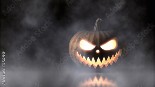 A scary spooky glowing carved halloween pumpkin lantern, Jack O' Lanterns, on the left of a wooden product display bench on a scary halloween night with a dark stone wall background lit from above.
 photo