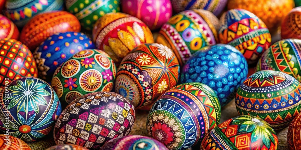 A vibrant collection of decorative eggs with intricate patterns and bright colors, decorative, colorful, assortment A vibrant collection of decorative eggs with intricate patterns and bright colors, decorative, colorful, assortment