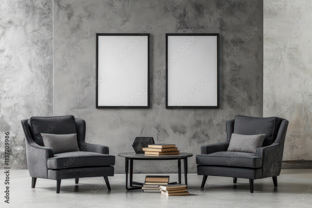 Fototapeta premium Minimal interior with grey armchairs, a coffee table, books, and empty frames on the wall.