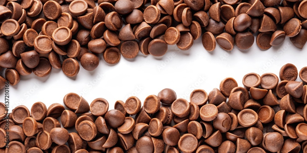 Fototapeta premium Milk chocolate chips arranged in a top view , sweet, dessert, chocolate, confectionery, snack, baking, culinary