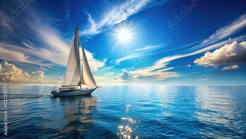 Sail boat sailing on the open sea under a sunny blue sky, sail boat, open sea, sunny, blue sky, ocean, water, voyage