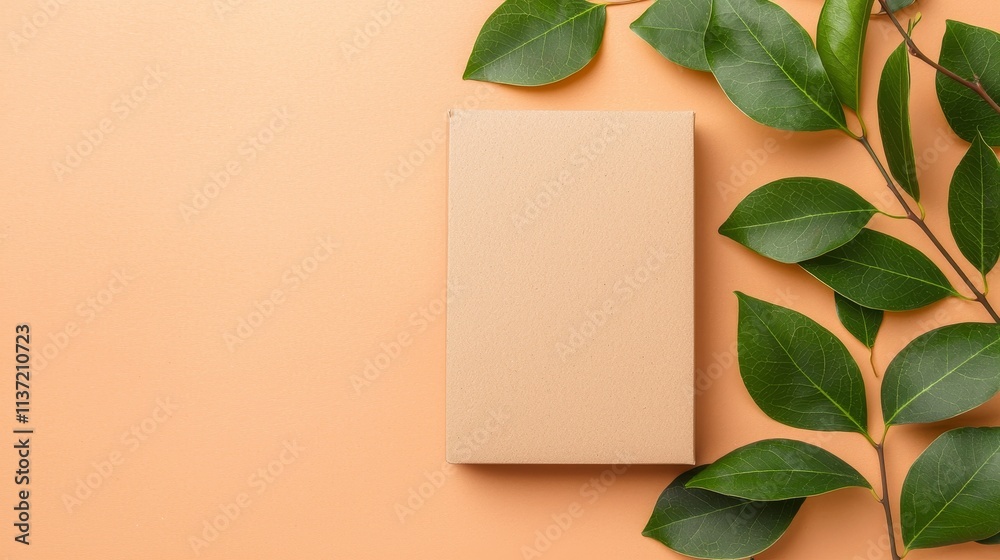 Eco-friendly box mockup with green leaves studio setting minimalist
