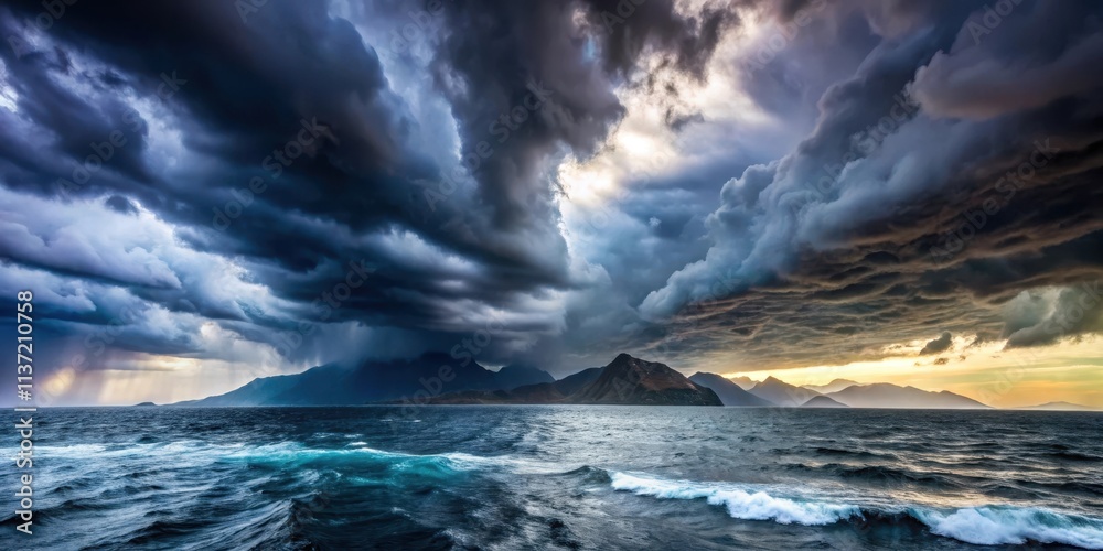 Obraz premium Stormy skies creating an ominous atmosphere over a turbulent mountainous sea, stormy, skies, rough, mountainous, sea, clouds