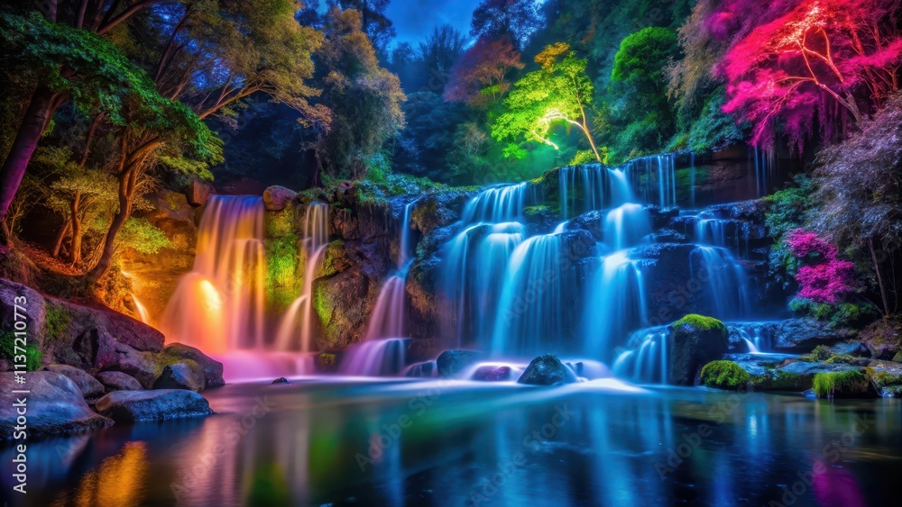 Obraz premium Time-lapse video of a colorful forest waterfall at night, forest, waterfall, time-lapse, vibrant, colors, night, mode