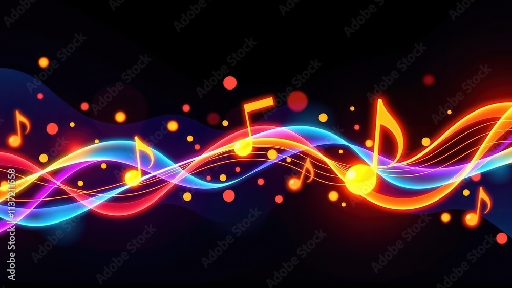 features a vibrant and dynamic abstract design, comprising glowing neon lines and musical notes that flow across a dark background. the flowing pattern is highlighted by a color scheme of red, features a vibrant and dynamic abstract design, comprising glowing neon lines and musical notes that flow across a dark background. the flowing pattern is highlighted by a color scheme of red,