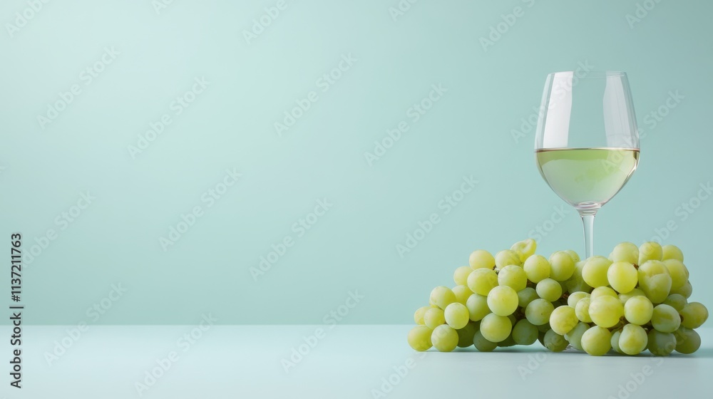 Fresh Green Grapes with Glass of White Wine on Soft Teal Background for Culinary and Beverage Themes Fresh Green Grapes with Glass of White Wine on Soft Teal Background for Culinary and Beverage Themes
