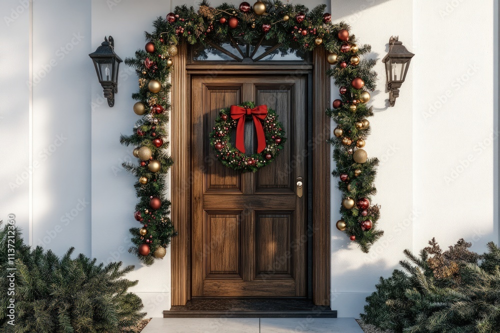 Festive Christmas wreath and garland adorn a classic wooden front door. Festive Christmas wreath and garland adorn a classic wooden front door.