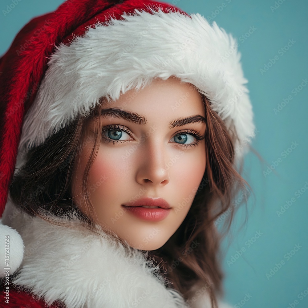 Elegant Woman Dressed as Santa Claus on Pastel Background Elegant Woman Dressed as Santa Claus on Pastel Background