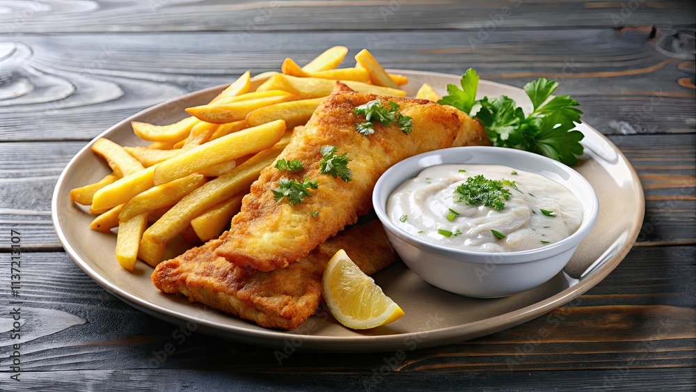 A plate of fried fish and chips with tartar sauce , crispy seafood, side dish A plate of fried fish and chips with tartar sauce , crispy seafood, side dish