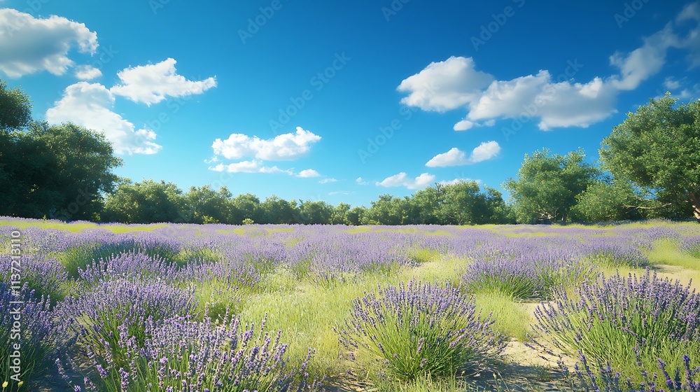 Fototapeta premium Lavender Field Under a Sunny Blue Sky