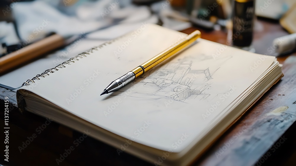 Gold mechanical pencil rests on sketchbook with a drawing Gold mechanical pencil rests on sketchbook with a drawing