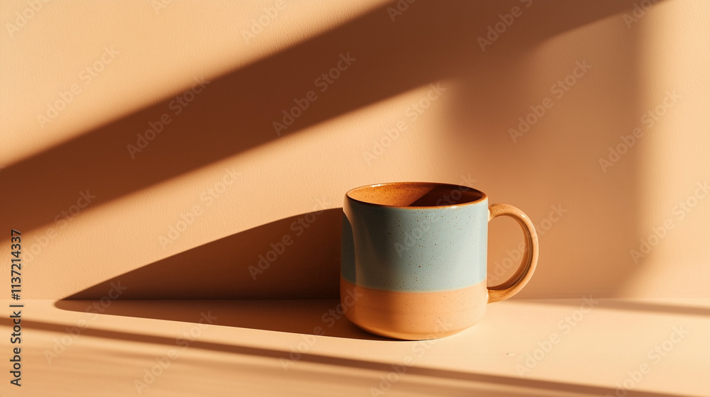 Obraz premium Handcrafted ceramic mug with minimalistic design on a plain background, perfect for showcasing artisanal craftsmanship