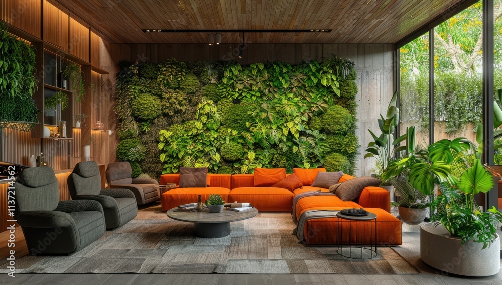 Naklejka premium Modern Living Room with Lush Greenery