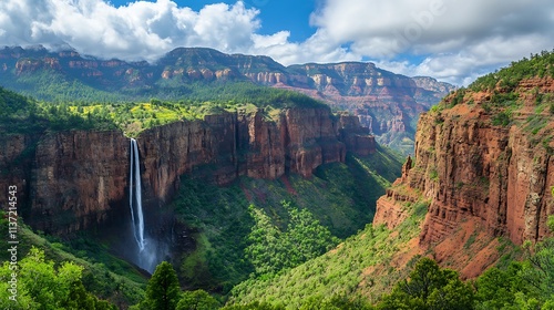 Majestic Waterfall Cascading Down Red Rock Canyon Walls