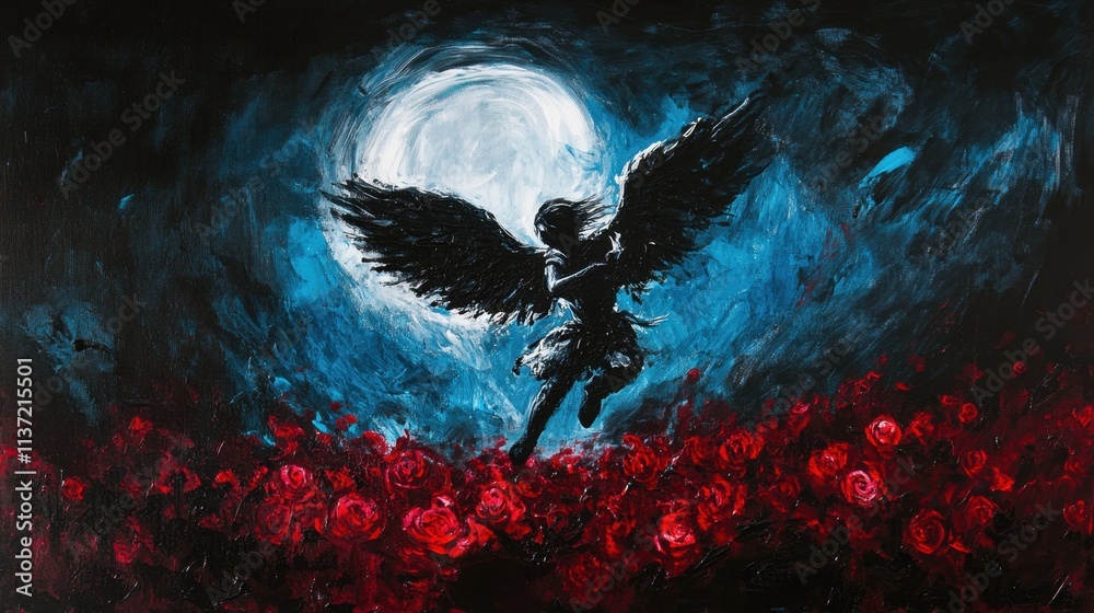 Obraz premium Cupid in a magical rose field, acrylic paint glowing against a dark background with ample room for your text.