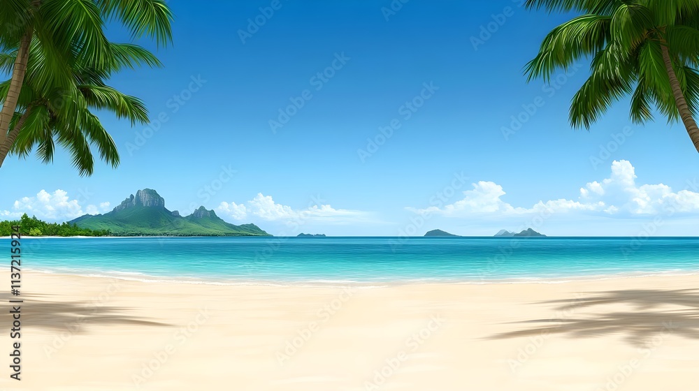 Tranquil Tropical Beach with White Sands, Crystal-Clear Turquoise Ocean, Palm Tree Shadows, Mountains in the Distance, Blue Sky, and Soft Clouds on a Sunny Day Tranquil Tropical Beach with White Sands, Crystal-Clear Turquoise Ocean, Palm Tree Shadows, Mountains in the Distance, Blue Sky, and Soft Clouds on a Sunny Day