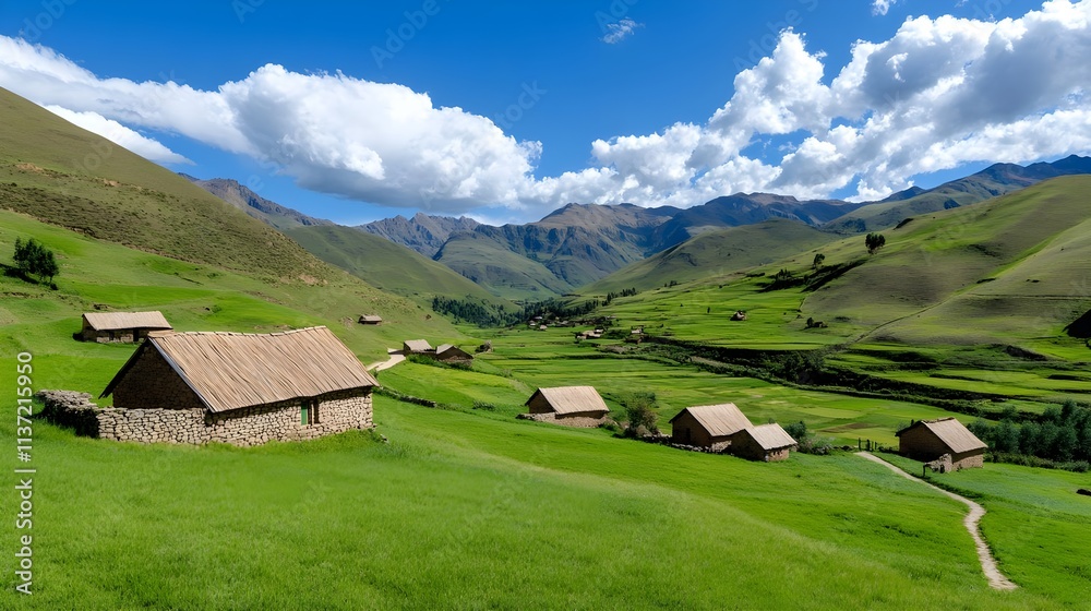 Scenic Mountain Valley with Lush Green Fields, Traditional Stone Houses, Rolling Hills, Blue Sky with White Clouds, Tranquil Rural Landscape and Path Leading to Small Village Scenic Mountain Valley with Lush Green Fields, Traditional Stone Houses, Rolling Hills, Blue Sky with White Clouds, Tranquil Rural Landscape and Path Leading to Small Village