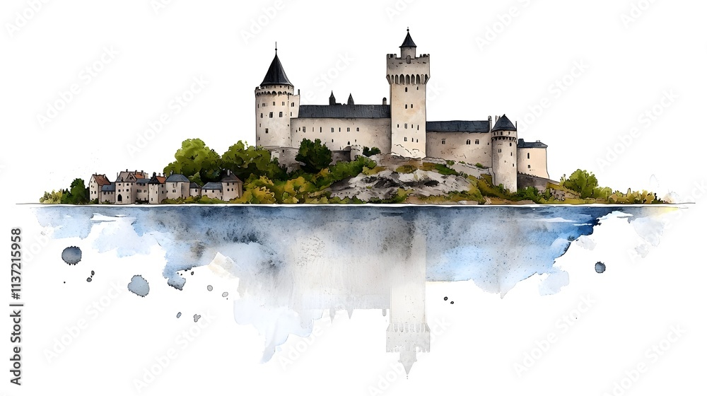 Fototapeta premium Watercolor Castle on a Hill with Reflection in Calm Water, Surrounded by Small Village Homes, Trees, and Rocks, Featuring Artistic Splashes of Blue and White for a Dreamlike Effect
