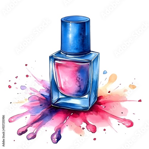 Watercolor Illustration of a Blue Nail Polish Bottle with Pink and Red Paint Splashes, Artistic Drips, and Vibrant Colorful Accents on a White Background for Beauty-Themed Artwork