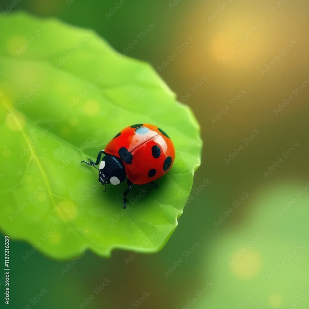A close-up of a vibrant ladybug resting on a green leaf. A close-up of a vibrant ladybug resting on a green leaf.