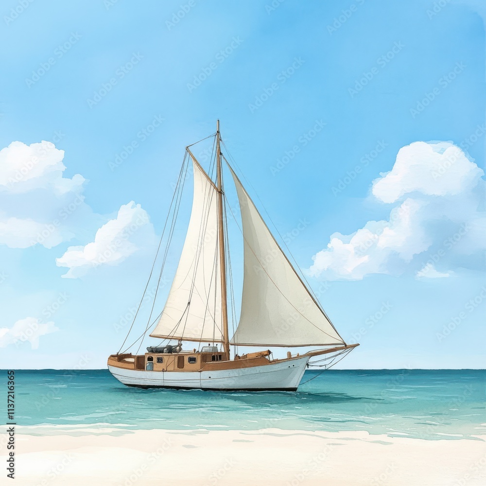 Fototapeta premium Classic Sailboat on Calm Ocean Waters Under a Sunny Sky