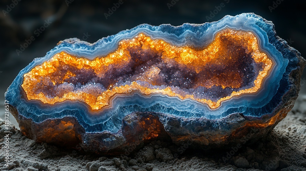 Blue and Orange Agate Geode Crystal Formation Blue and Orange Agate Geode Crystal Formation