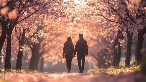 Couple holding hands walking through a blooming cherry blossom tunnel at sunset.