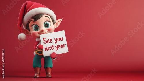 Cute Cartoon Christmas Elf Holding a Sign Saying See You Next Year on Festive Red Background