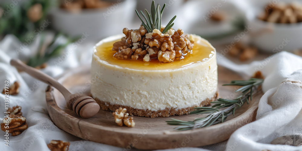 A simple cheesecake topped with honey and wal