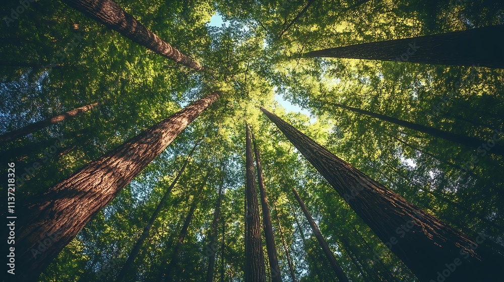 Naklejka premium Tall Trees Reach For Sunlight In Lush Green Forest Canopy