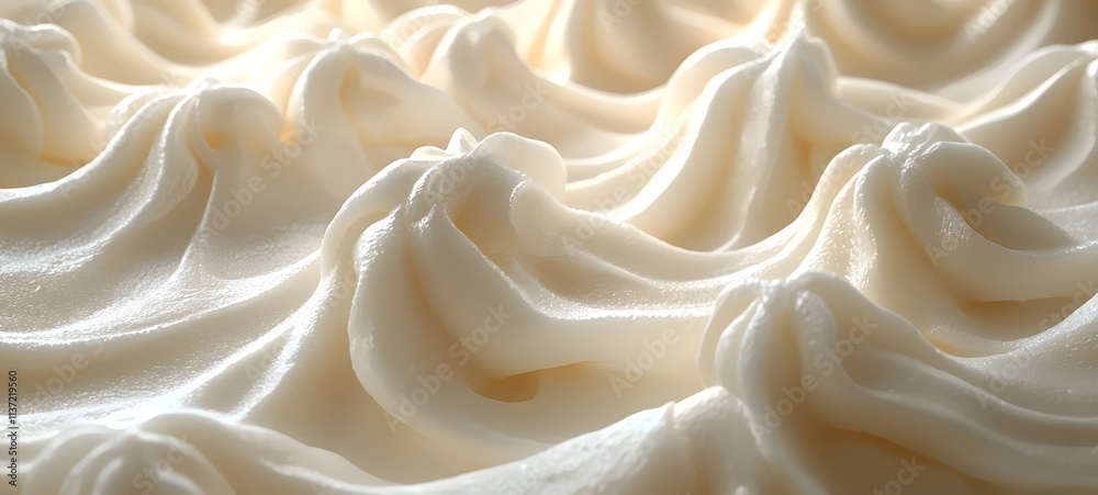 Fototapeta premium Close-up of a textured surface of creamy white frosting, showcasing lush swirls and peaks that evoke a sense of indulgence and sweetness.