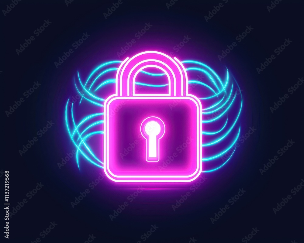 vpn privacy safety lock technology secure concept. Neon lock icon with swirling blue and pink light effects. vpn privacy safety lock technology secure concept. Neon lock icon with swirling blue and pink light effects.